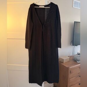 Free People FP Beach Black Crochet Long Maxi Tie Cardigan Size Large